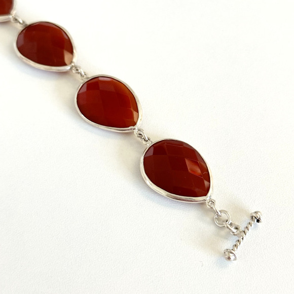 925 Sterling Silver Genuine Carnelian Faceted Teardrop Chain Link Bracelet 7" - Picture 5 of 10